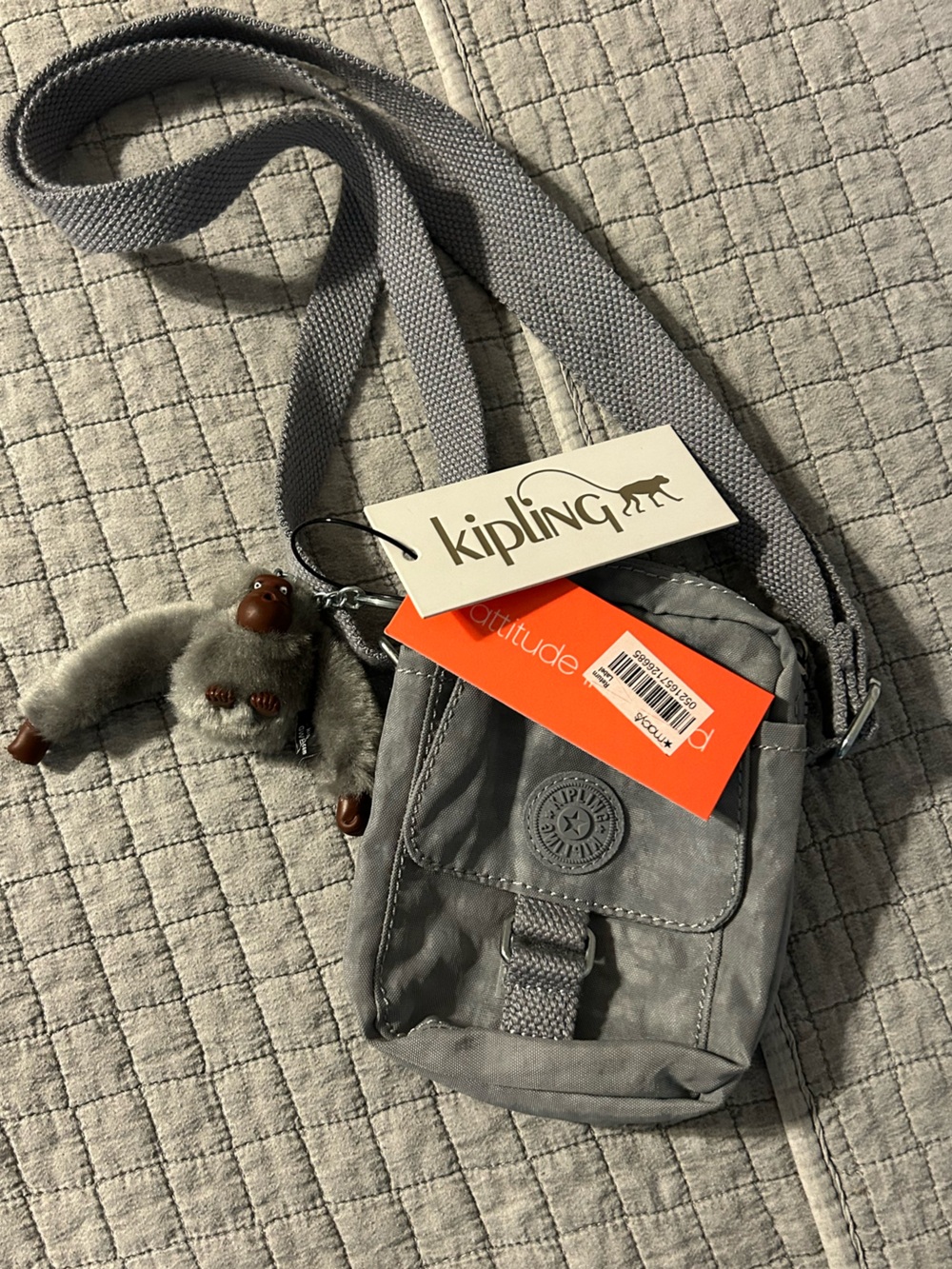 NWT Kipling Gray Small Crossbody Pouch with Monkey Charm